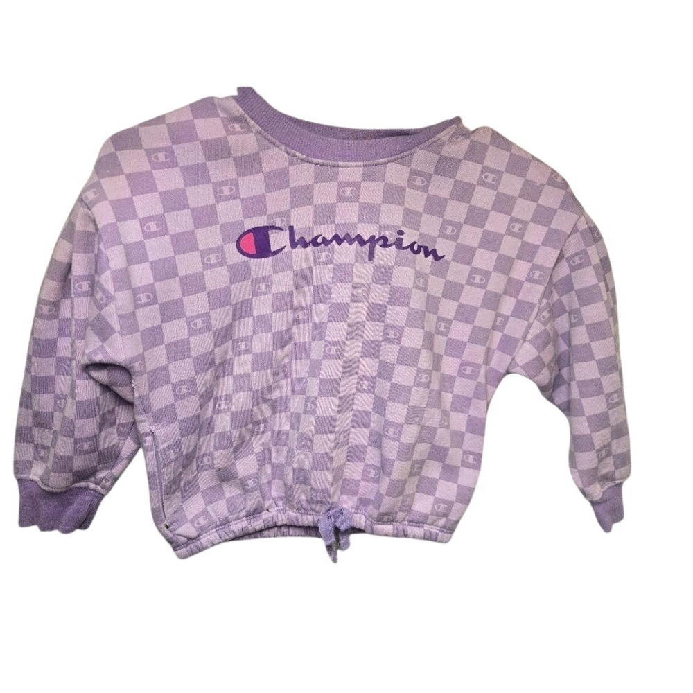 Champion Girls Purple Checkered Logo‎ Pullover Sweatshirt Size 5 Drawstring Hem
